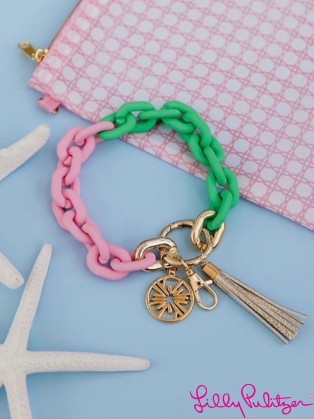 Lilly Pulitzer Chain Link Keychain Wristlet with Tassel, pink and green
